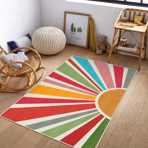 STARUIA Boho Washable Rug 3'x5' Kids Area Rug for Playroom, Colorful Kids Rugs for Bedroom, Non-Slip Throw Sun Carpet Soft Small Sunshine Rugs for Office Nursery Entryway Dorm by STARUIA