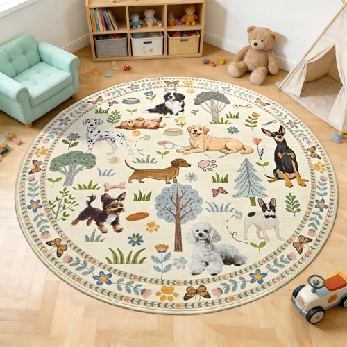 ST. BRIDGE 4ft Beige Round Area Rug, Washable Boho Animal Dog Non-Slip Circle Rug, Soft Thin Stain-Resistant Low-Pile Carpet for Entryway Kitchen Living Room Bedroom Nursery Kids Playroom by STBRIDGE