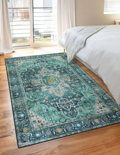 Moynesa Ultra-Thin Washable Vintage Area Rug - 3x5 Boho Entry Throw Rug Non-Slip Oriental Medallion Bedroom Mat Non-Shedding Indoor Floor Carpet for Living Laundry Room, Teal/Mutil by Moynesa