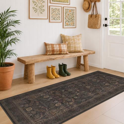 Washable 3x6 Wide Kitchen Entryway Runner Rug Non Slip - Dark Brown Vintage Floral Hallway Rugs, Farmhouse Low Pile Runner for Bedroom, Laundry Room, Bathroom, Kitchen Soft Stain Resistant Carpet by Evyhood