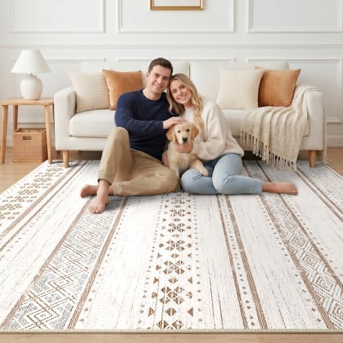 6x9 Washable Area Rugs for Living Room Boho Bedroom Rug Cream/Brown/Pink - Image 6