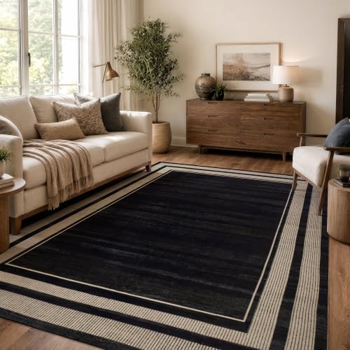 Rugshop Striped Border Machine Washable Non-Slip Area Rug, 5'x7' Black by Rugshop
