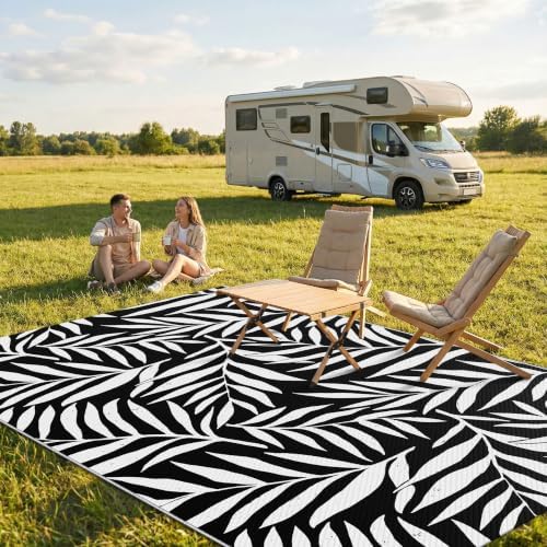 Smiry Outdoor Rug 5x8 ft Waterproof Reversible Leaf Mat, Black & White - Image 2