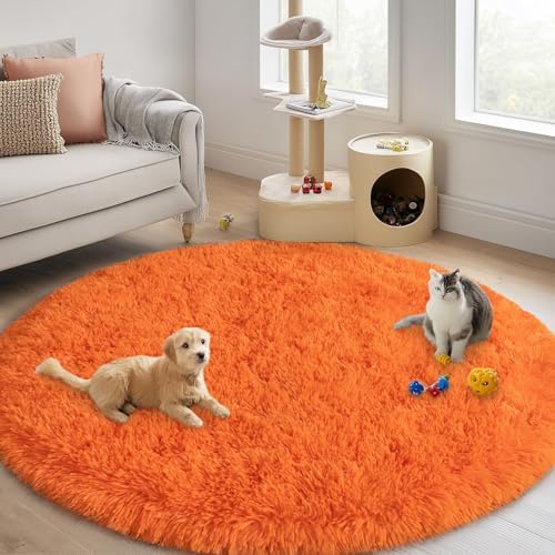 6ft Round Fluffy Rug for Bedroom Orange, Washable Non-Slip - Image 2