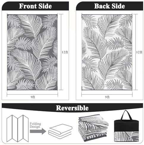 Pauwer Waterproof Outdoor Rug 9x12, Plastic Straw Patio Rug, Leaf Grey - Image 2