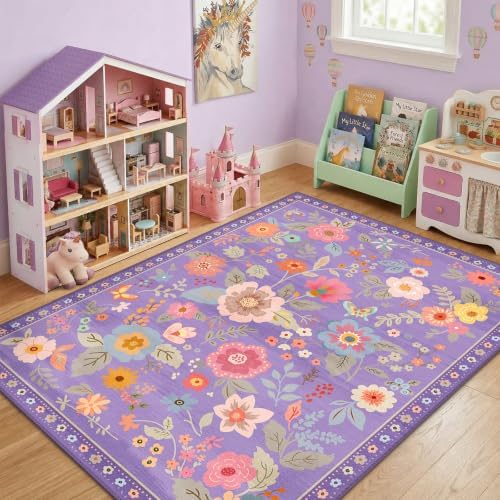 RELEANY Floral Washable 5x7 Area Rugs Purple/Pink - Image 3