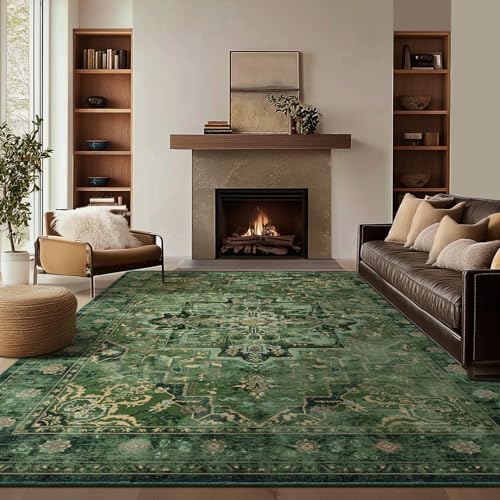 Dark Green 7x10 Living Room Rug, Vintafe Distressed Medallion Area Rug for Bedroom Dining Room, Washable Non Slip Thin Carpet Rugs for Bedroom Under Bed Home Office by Jainmy