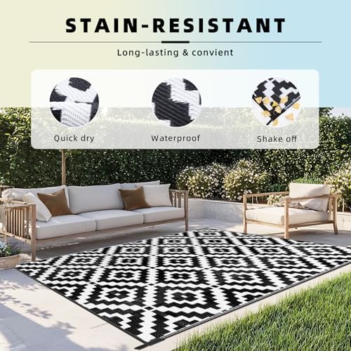 Favoyard Outdoor Rug Black & White 9x12 ft Waterproof Reversible Carpet Mat - Image 5