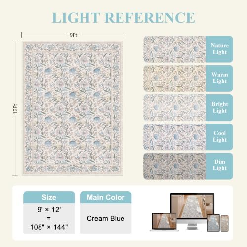 DUKINO 9x12 Area Rug for Living Room Vintage Floral Washable Rug Cream Blue - Image 2
