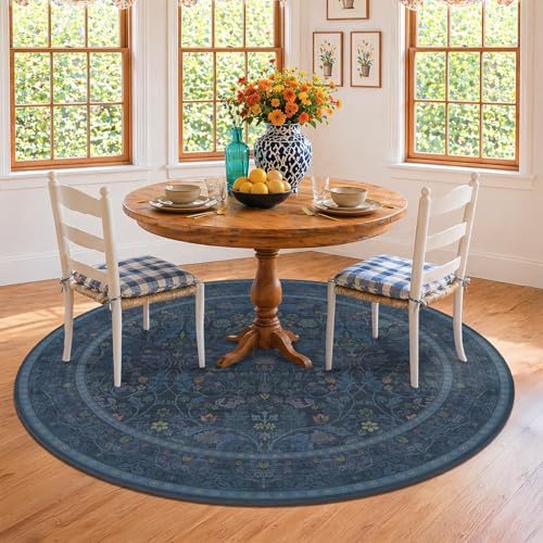 7ft Round Rug for Living Room, Dark Blue Oriental Floral Circle Area Rug, Washable Non-Shedding Low-Pile Carpet for Under Bed, Home Office, Moody Farmhouse Decor, Stain Resistant - Image 3