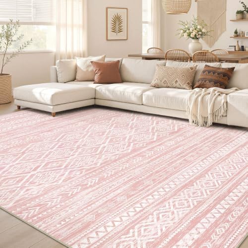 Nakagishi Boho 8x10 Area Rug Living Room Rugs Machine Washable Pink - Image 7