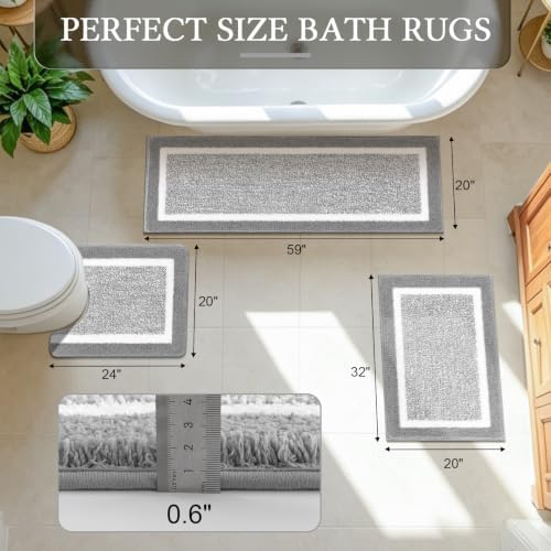 Pauwer Bathroom Rug Sets 3 Piece, Non Slip Washable Bath Mat, Light Grey - Image 2
