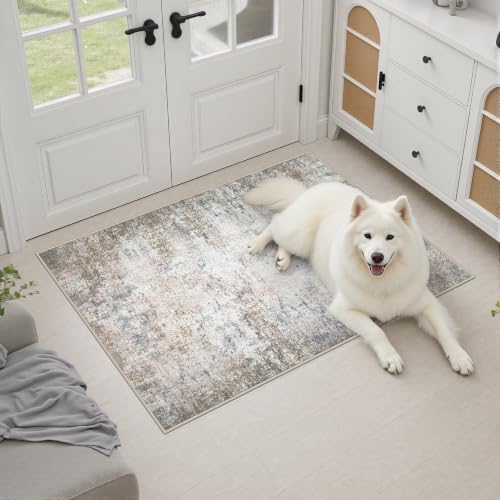 2x3 Washable Entryway Rug: Modern Abstract Indoor Soft Carpet Brown - Image 3