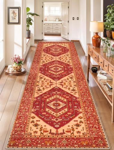 SERISSA 2'6"x10' Washable Non Slip Boho Runner Rug for Hallway，Red by SERISSAHomeDecorCollection
