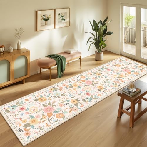 Floral Washable 2x10 Area Rugs Runner Entryway Hallway Beige/White/Orange - Image 2
