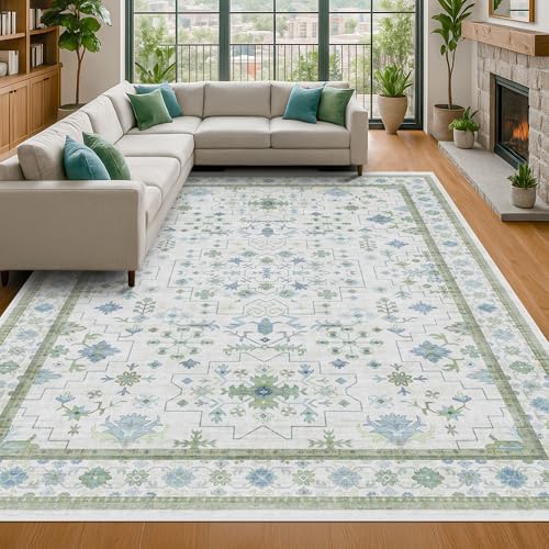 Hazo Haus Blue and Green Living Room Rug 8x10 - Cream Oushak Vintage Boho Floral Farmhouse, Washable Low Pile Non-Slip Extra Large Area Rugs for Bedroom, Girls, Boys, Playroom, Lounge by HazoHaus