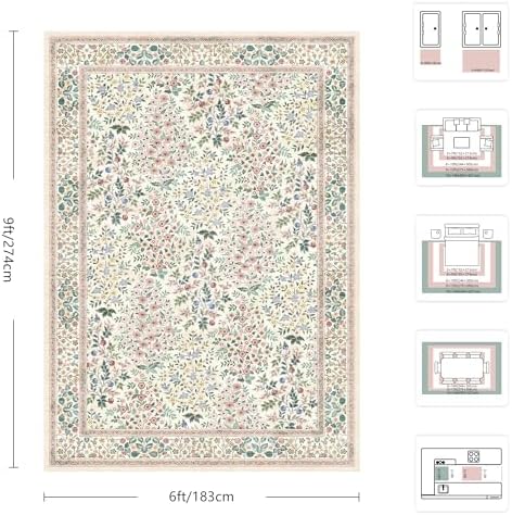 6x9 Area Rugs, Machine Washable Low Pile Floral Rugs for Living Room, Bedroom, Large Boho Area Rug with Non-Slip Backing for Dining Room(Pink Floral) - Image 2