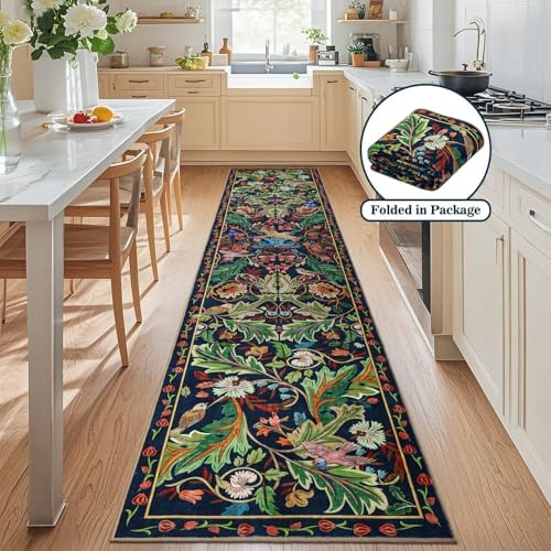 nesrt 2x10 Botanical Runners for Hallways Kitchen Rug Non Slip, Long Washable Boho Jungle Runner Rugs, Soft Floral Forest Birds Carpet Runner for Hall, Laundry, Bedroom, Bathroom (Dark Green) - Image 2