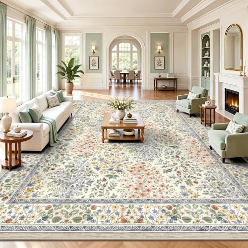 10x14 Large Area Rugs, Machine Washable Low Pile Floral Rugs for Living Room, Bedroom, Boho Style with Non-Slip Backing Nursery Rug(Beige Floral) by Yarooge