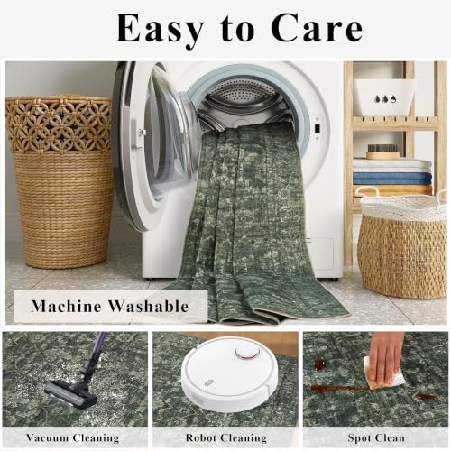 3ft Round Washable Office Rug Non-Slip Retro Dark Green Throw Carpet - Image 6