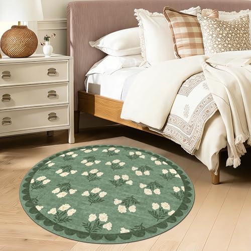 Sage Green 3ft Entryway Round Rug, 3x3 Small Floral Circular Rug - Image 4