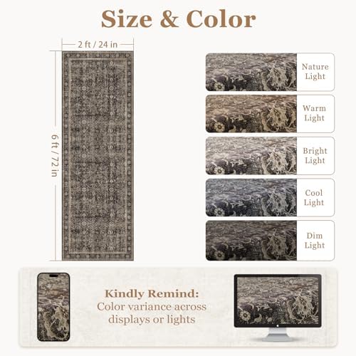 Washable Hallway Runner Rug 2'x6', Vintage MCM, Black/Brown/Beige - Image 2