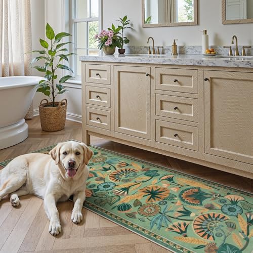 Zealude Floral Kitchen Rugs, 2.5X8 Green Runner Rug for Hallway, Non Slip Rugs for Entryway, Washable Carpet Runner with Rubber Backing, Vintage Rug for Bathroom Bedroom Indoor - Image 4