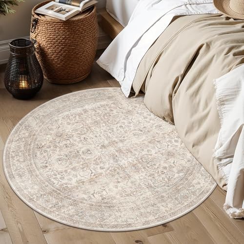 Schweek 4ft Round Rug Neutral Beige Washable Non-Slip Circle Rug Area Rugs - Image 2