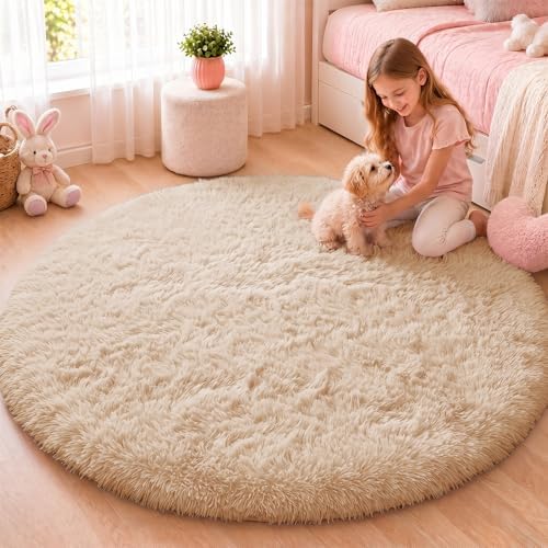 OLANLY Beige Round Rugs for Bedroom - Machine Washable, 5 ft Circle Area Rugs for Living Room, Soft and Fluffy Shaggy Carpet for Teen Girls and Boys, Nursery Rooms, Dorms, Home Decor Aesthetic by OLANLY