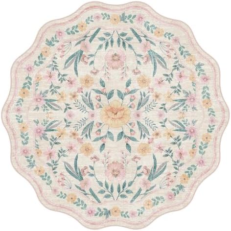 Round Rug 5ft, Scalloped Pink Floral Washable Nursery Rug - Image 5