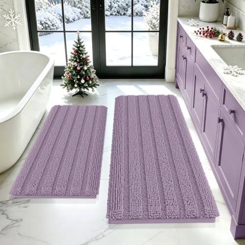 ACCUMTEK Striped Lavender Bathroom Rug Mat Set 2 piece 24"x17"+48"x20" Ultra Soft, Non Slip Chenille Bath Rugs, Absorbent Plush Shaggy Bath Mats for Bathroom, Bedroom, Kitchen, Shower, Tub by ACCUMTEK