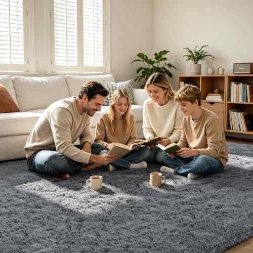 10X14 Large Shag Area Rugs for Living Room Bedroom,Big Soft Purple Fluffy Rug for Bedroom Dorm,Indoor Carpet Plush Rugs for Living Room Home Decor,Dark Grey - Image 2