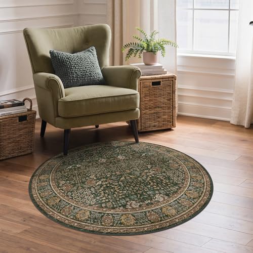 Bavni 3ft Round Area Rug 3x3, Washable Non Slip, Dark Green Brown - Image 2