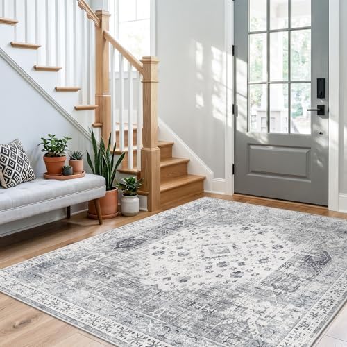 Washable 5x5 Area Rug Square - Vintage Living Room Bedroom Rugs with Non Slip Backing Indoor Durable Low Pile Carpet for Entryway Office Nursery Foldable Home Decor Floor Mat 5x5 Grey by RUUGME