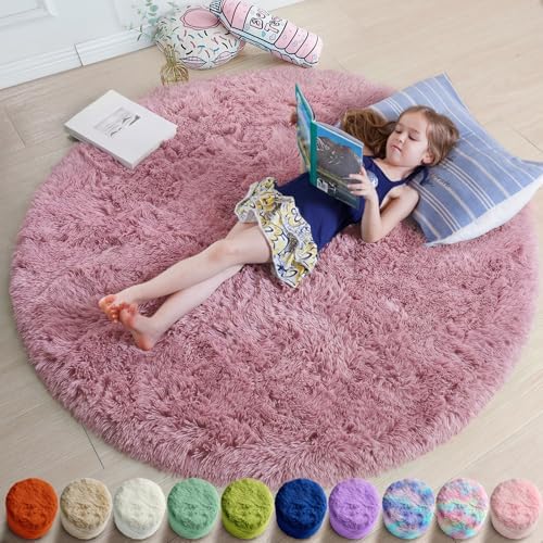Amdrebio Mauve Pink Big Round Fuzzy Rug 6Ft for Living Room Girls Bedroom by Amdrebio