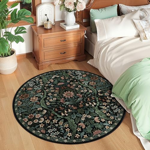 Round Rug 4ft Floral Circle Rug Black Botanical Indoor Area Rugs - Image 2