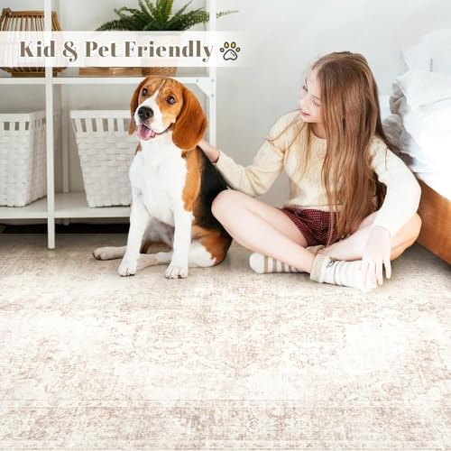 Vintage Living Room Area Rug - 8x10 Large Machine Washable Boho Moroccan Rug Distressed Farmhouse Rugs for Bedroom - Soft Non-Slip Indoor Carpet for Dining Room Office Nursery(Retro Beige, 8'x10') - Image 3