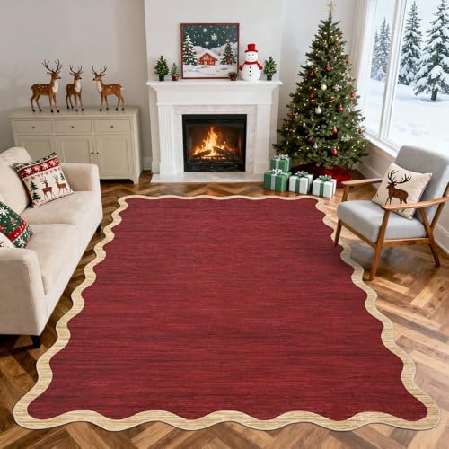 GarveeHome Living Room Rugs 4x6 Area Rugs Machine Washable Christmas Scalloped Rug Non Slip Low Pile Farmhouse Stain Resistant Carpet for Bedroom Nursery Classroom Dorm 4 ft x6 ft Red by GarveeHome