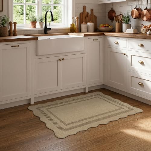 LIVEBOX Scalloped Easy Jute Kitchen Rug, 2x3 Front Door Mat Indoor Outdoor Small Entryway Rug, Washable Non Slip Farmhouse Area Rug, Tan Neutral Modern Carpet Outdoor Doormat for Porch Doorway Foyer - Image 3