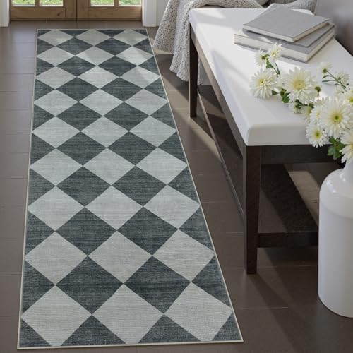 Beeiva Checkered Print Hallway Runner Rug 2.5x8, Ultra Thin Kitchen Runner Rugs Non Skid Washable 8ft, Moroccan Plaid Design Floor Carpet for Entryway Bedroom Bedroom, Gingham Geometric Home Decor - Image 2