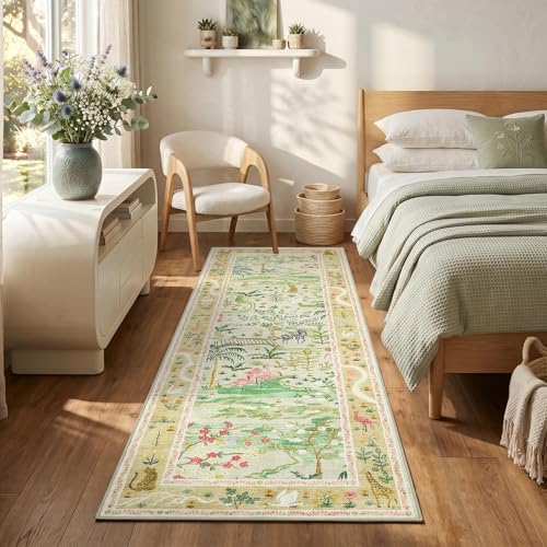 Long Runner Rug for Hallway 2x8 Whimsical Woodland Throw Runner Carpet Non Slip Stain Resistant Nursery Forest Runner Mat Washable Safari Animal Rugs for Living Room Kitchen Bedroom, Sage Green - Image 3