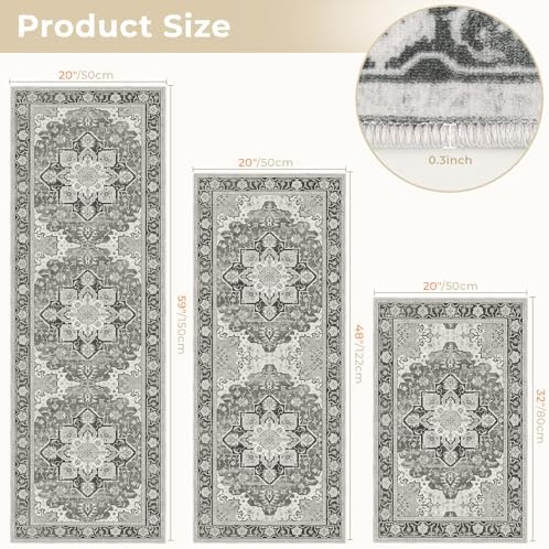 3 Piece Kitchen Rugs Sets with Runner, Washable Non Slip Soft Boho Kitchen Mats, Low Pile Stain Resistant Carpet for Hallway, Laundry Room, Entryway, Home Decor (20"x32"+20"x48"+20"x59", Gray) - Image 2