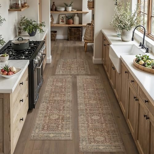 Washable Vintage Red Kitchen Runner Rug Set of 3 by WondRg
