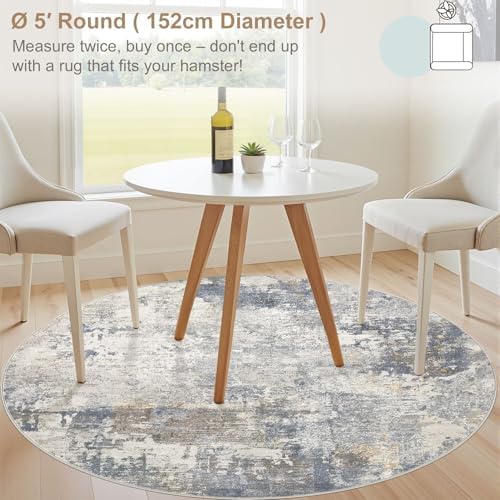 UERMEI 5ft Round Area Rug Living Room Rugs - 5x5 Washable Neutral Modern Abstract Soft Thin Rug Indoor Floor No Slip Rug Carpet for Bedroom Under Dining Table Home Office Decor - Blue Grey - Image 5