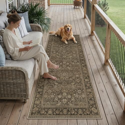 HUGEAR 2x6 Brown Linen Look Washable Runner Rug for Hallway by HUGEAR