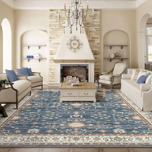 6x9 Area Rug for Living Room- Machine Washable Soft Oriental Vintage Large Indoor Floor Carpet for Bedroom Under Dining Table Home Office Decor - Dark Blue - Image 3