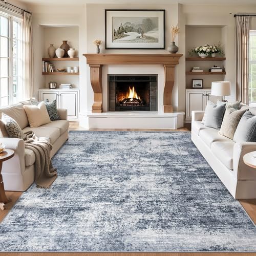 PLHXFR 9x12 Area Rug Living Room: Abstract Washable Carpet Grey Blue by PLHXFRSoftAreaRugs