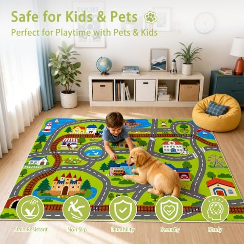 5x7 Ft Car Rug Play Mat for Kids, Non Slip Car Train Track Rug Town City Road Map Playmat for Children, Washable Carpet for Boy Playroom Bedroom - 60"x84" - Image 4
