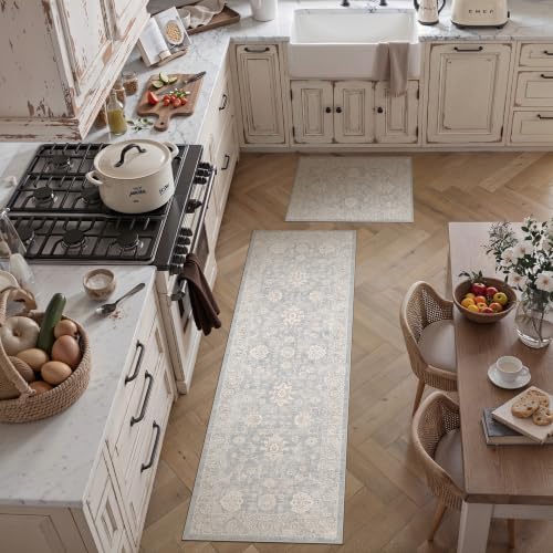 2 Piece Blue Cream Neutral Floral Kitchen Rug Set by WondRg