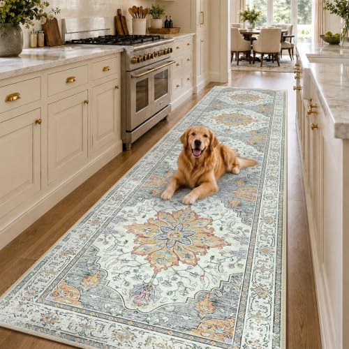 RELEANY Washable Area Rug, Runner 2'6"x10', Beige/Carbon Grey/Orange by RELEANY